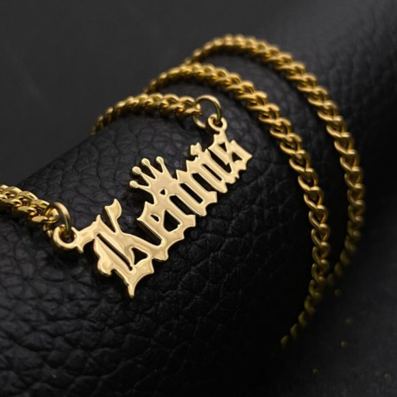 Custom Name Old English Necklace With Crown Personalized Chain Jewelry Pendant - Picture 4 of 4